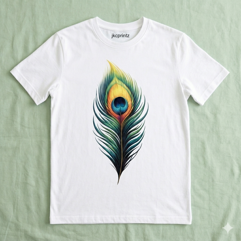 Vibrant Peacock Feather Graphic T-Shirt | Artistic Nature-Inspired Cotton Tee