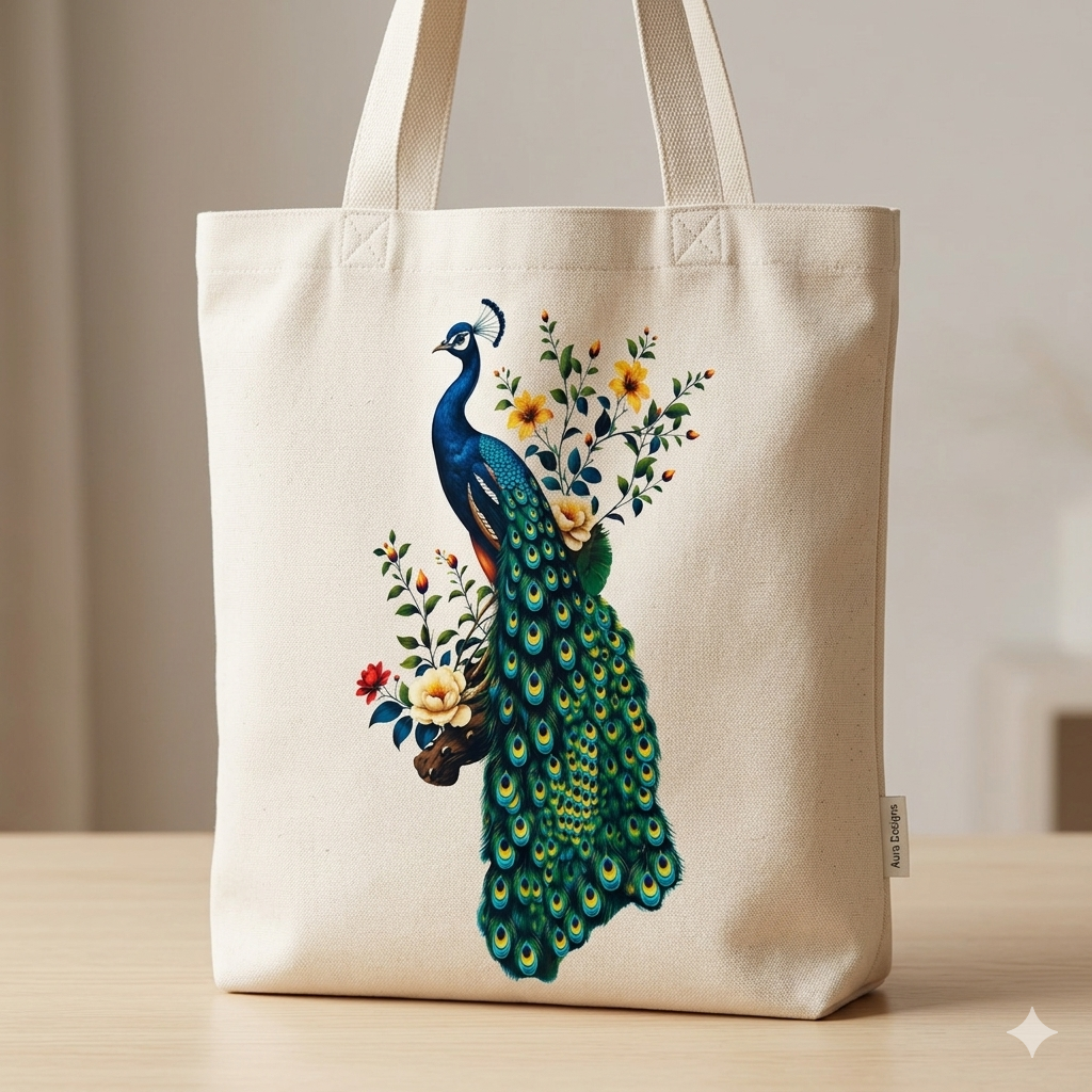 Majestic Peacock & Floral Canvas Tote Bag – Eco-Friendly Everyday Shoulder Bag