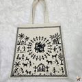 Handmade Warli Art Canvas Tote Bag - Traditional Tribal Dance & Village Life Print Eco-Friendly Shoulder Bag