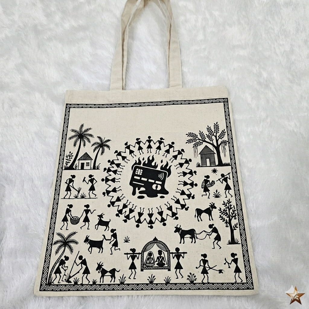 Handmade Warli Art Canvas Tote Bag - Traditional Tribal Dance & Village Life Print Eco-Friendly Shoulder Bag