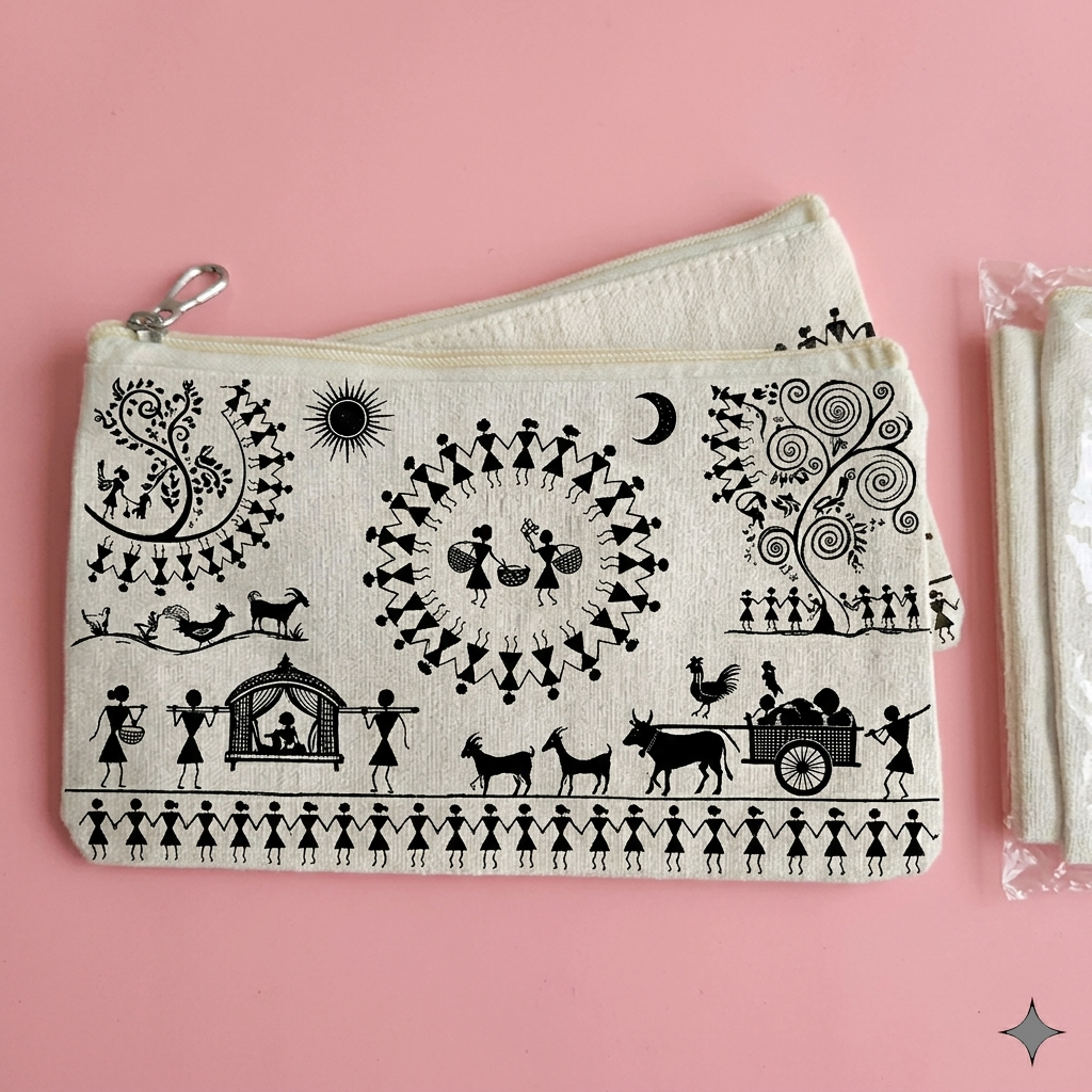 Handmade Warli Art Canvas Zipper Pouch - Traditional Indian Tribal Print Makeup Bag, Pencil Case & Travel Organizer