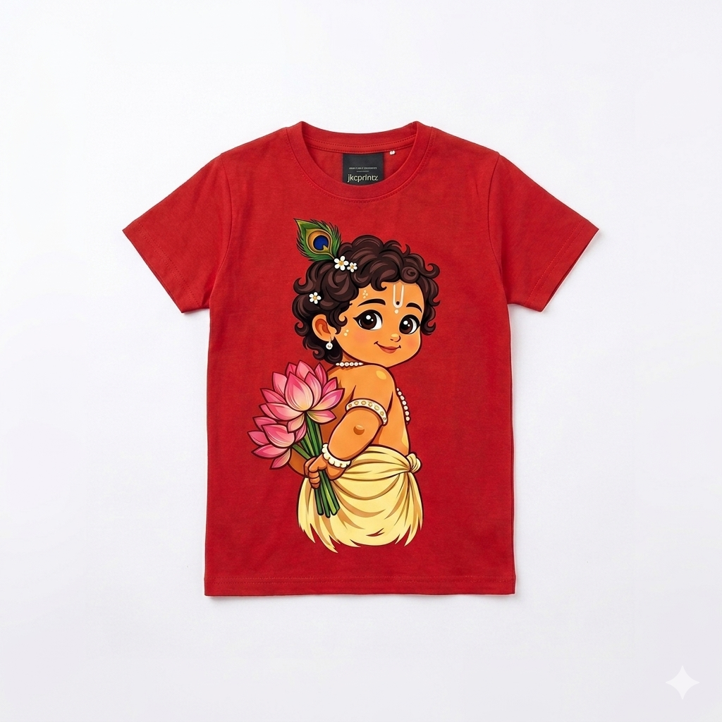 Little Krishna holding Lotus Graphic Kids T-Shirt | Cute Janmashtami Devotional Tee
