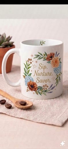 "Sip. Nurture. Savor." Floral Ceramic Mug - Botanical Wreath Coffee Cup - Elegant Self-Care & Mindfulness Gift for Tea & Coffee Lovers